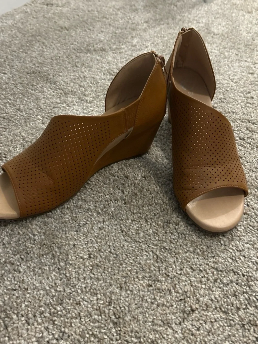 Wedge Peep-Toe Sandals in Cognac Brown